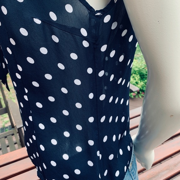Beautiful Sheer Navy blue & white Polka Dot tank top with low Bow-tie collar - Picture 4 of 8